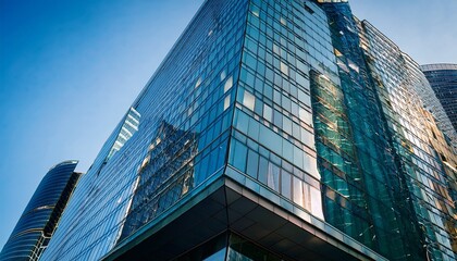 Obraz premium Office windows, reflections and shadows on glass exterior of business center building in Moscow city, Moscow 28.06.
