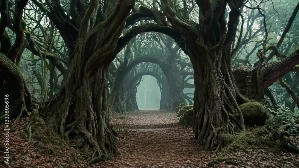Poster twisted roots create mystical passage. ancient forest reveals hidden pathway through intricate tree 