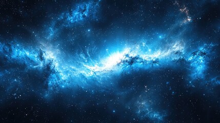 Vibrant blue nebula swirls in deep space, cosmic background.