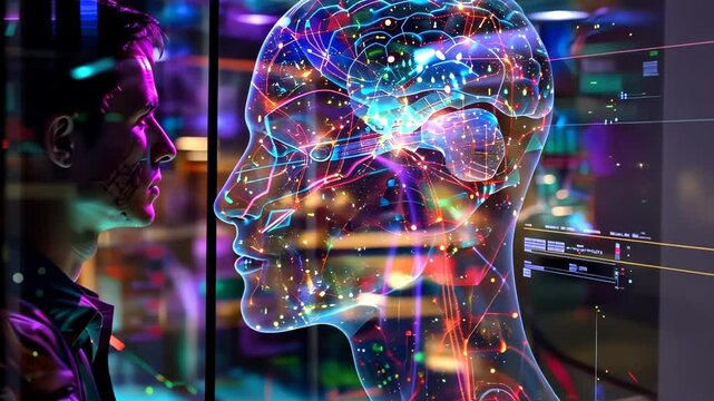 Exploration of artificial intelligence with a futuristic holographic display and human interaction in a modern setting