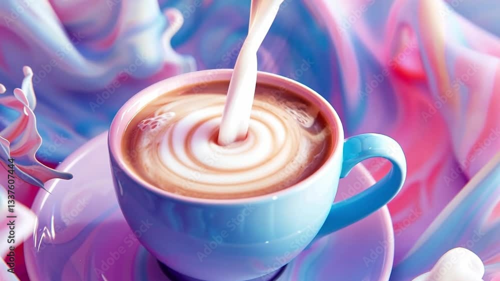 Poster vibrant swirl of milk pouring into blue coffee cup creating colorful abstract pattern with dynamic a