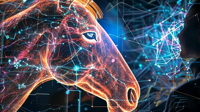 Stunning digital artwork showcases vibrant horse head illuminated by colorful patterns and futuristic designs