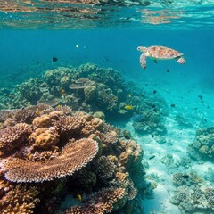 Fototapeta premium An underwater shot of a sea turtle swimming over a coral reef, with the water's surface visible at the top.