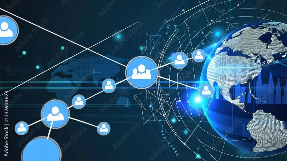 Poster global network connection between people. a complex network of interconnected people globally. data 