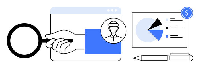Magnifying glass examines candidate profile, analytics chart displays data insights, blue color highlights key information. Ideal for recruitment, data analysis, hiring strategies, HR process