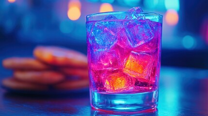 Vibrant cocktail with ice cubes in neon lighting.  A refreshing drink in a glass, filled with ice cubes, illuminated by vibrant pink and blue neon lights.  The drink appears to be a mix of colors