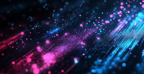 Naklejka premium Abstract digital art showcasing vibrant pink and blue light streaks, with scattered particles, creating a dynamic and energetic visual effect. A futuristic, high-tech aesthetic