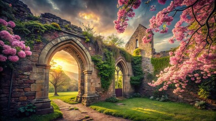 Fototapeta premium Double Exposure: Medieval Priory Ruins & Blossoming Nature - Historic Lanercost Abbey