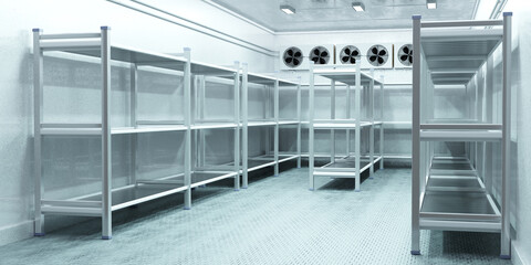 industrial cold storage room with empty stainless steel shelves and cooling fans is designed for perishable goods 3d image