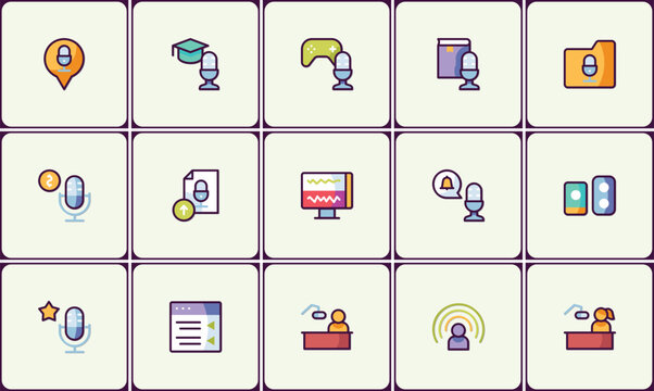 Podcast Icon Set: Audio Recording, Media, Communication, Broadcasting and Education