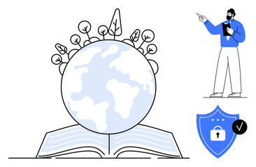 Open book with globe surrounded by nature, teacher pointing, and data security shield. Ideal for education, sustainability, eco-awareness, online safety, knowledge sharing, global learning