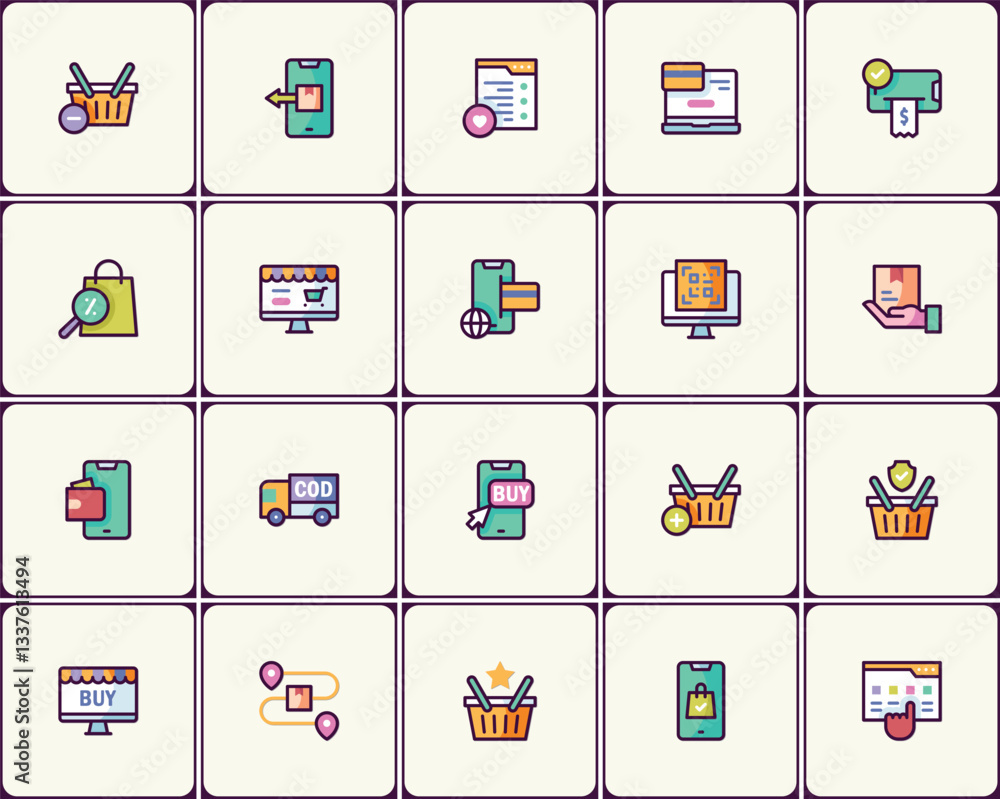 Poster charming outline icon set for mobile shopping and e-commerce applications