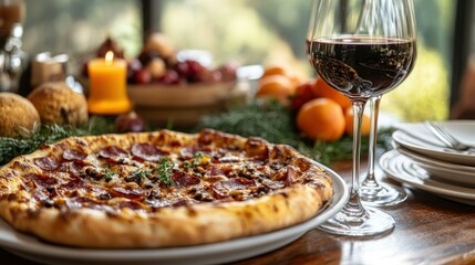Pizza, red wine, and fruit adorn a festive table in a naturally lit scene