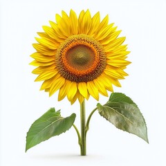 Obraz premium Sunflower isolated on a white background with bright yellow petals and green leaves