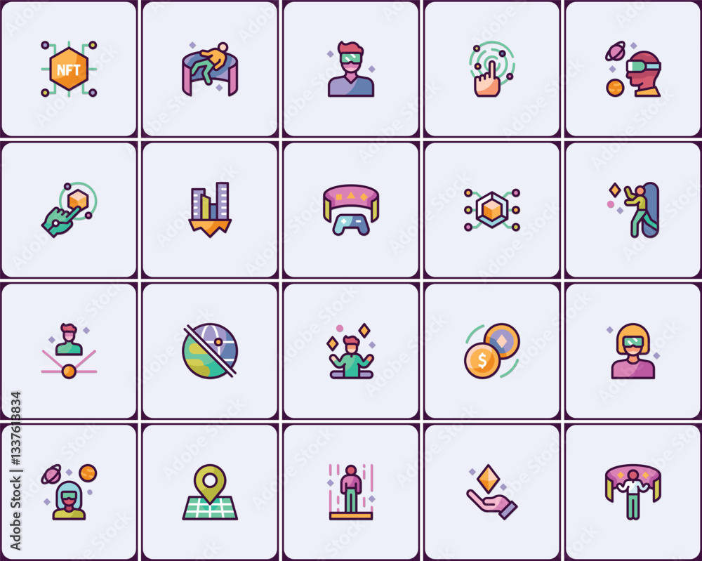 Poster collection of virtual reality and metaverse concepts line art icon set