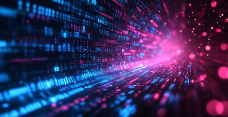 Digital data stream tunnel.  A futuristic, dynamic illustration of binary code flowing in a tunnel, vibrant with neon colors and glowing particles