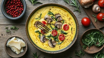 Polenta with mushrooms, tomatoes and spinach on wooden table. Overhead food shot