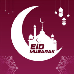 Crescent moon and Muslim silhouette inside Eid Text, Islamic festival Eid Mubarak concept on purple background.