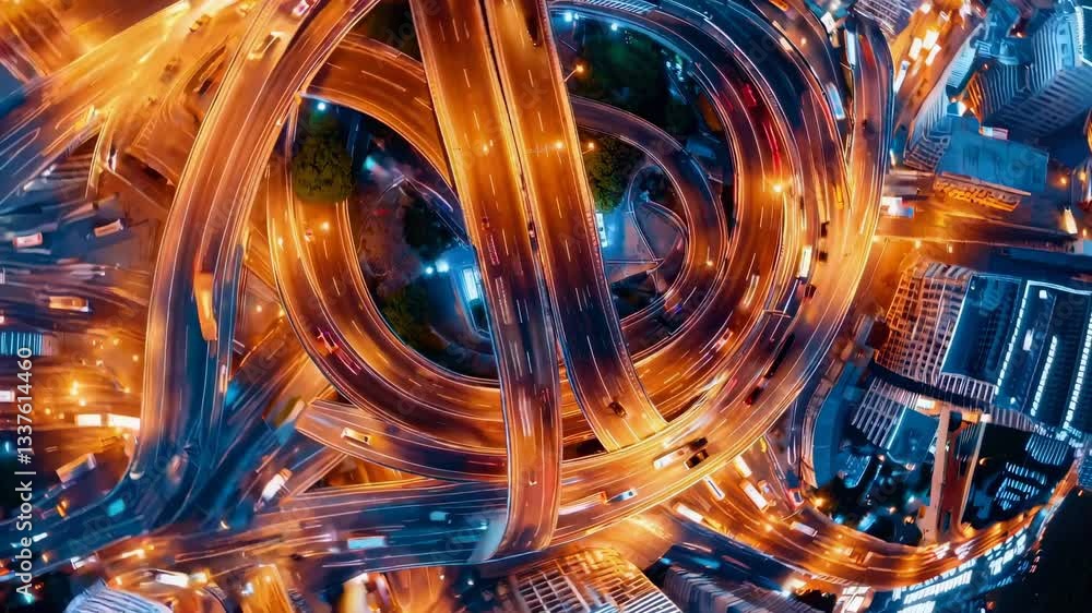 Poster aerial view of intricate highway interchange with multiple curved roadways, illuminated by orange an