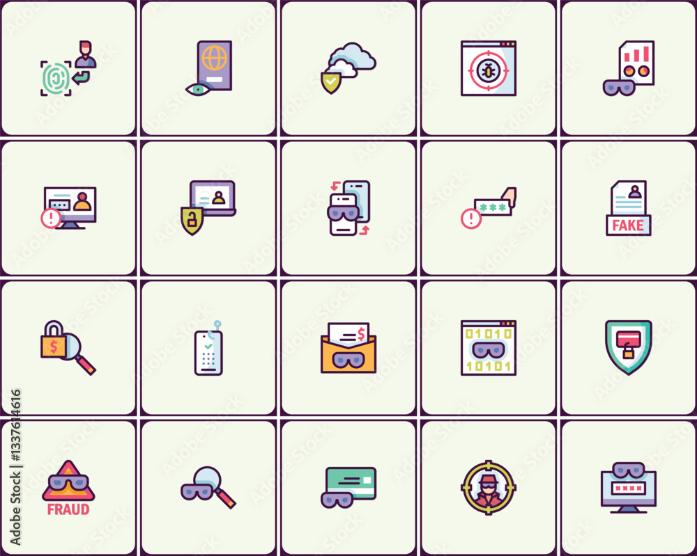 Poster diverse set of cybersecurity and online fraud vector icons with consistent style
