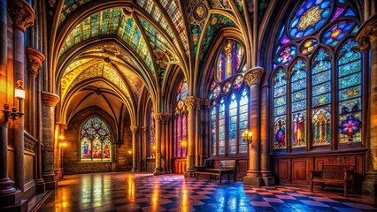 Fototapeta premium Dramatic Gothic Cathedral Interior: Ornate Stained Glass & Archways - Night Photography