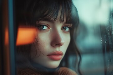 Pensive Dark-Haired Woman Looking Through Rainy Glass Window Pane