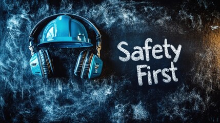 Safety gear displayed on a chalkboard with emphasis on safety first in a workplace environment