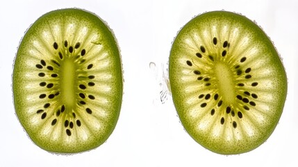 Fototapeta premium Fresh Kiwi Halves with Vibrant Green Texture and Seeds, Isolated on White Background 