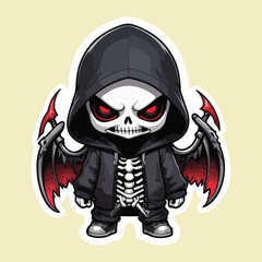 Cute Grim Reaper Chibi Character Illustration – Skull Hoodie Skeleton with Wings and Scythe – Dark Fantasy Cartoon Vector Art Design