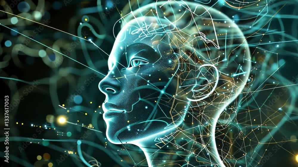 Poster exploring the intersection of artificial intelligence and human consciousness in a digital world