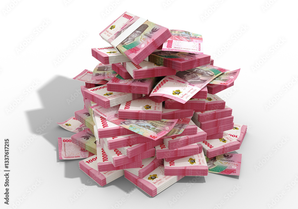 Poster 3d rendering of stacks of indonesian rupiah notes. bundles of indonesian currency notes isolated on 