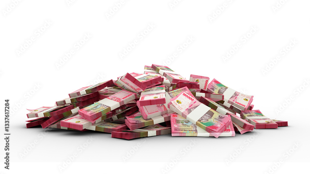 Poster 3d rendering of stacks of indonesian rupiah notes. bundles of indonesian currency notes isolated on 