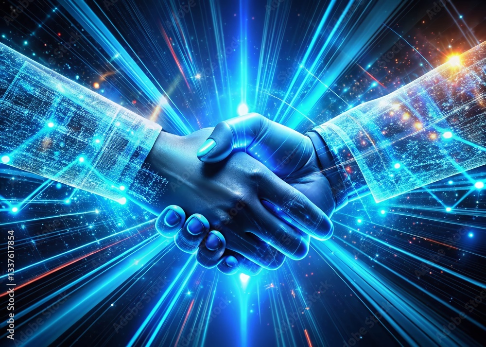 Aufkleber drone view: digital handshake, futuristic blue tech background - abstract network concept