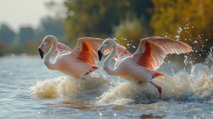 Two pink flamingos taking flight over water