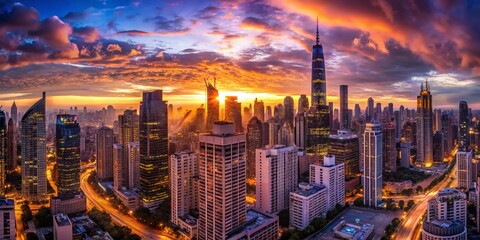 Fototapeta premium Dusk Panorama Cityscape: Night City Lights & Skyline