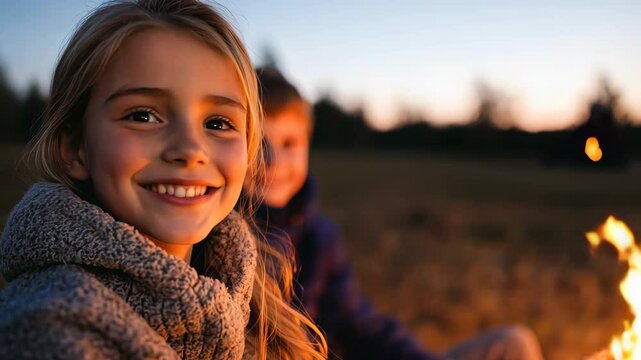 Family Bonding Around Campfire at Dusk with Smiling Children in Cozy Sweaters in Scenic Outdoor Setting