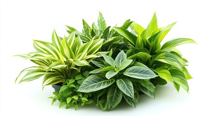 Lush green foliage arrangement in a pot, isolated on white.