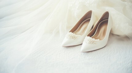 Wedding Shoes and Accessories Elegantly Arranged, Symbolizing Timeless Bridal Elegance

