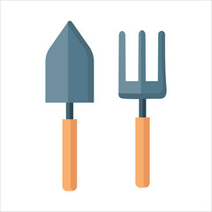 Gardening tools including a trowel and garden fork displayed in a flat lay on white backdrop
