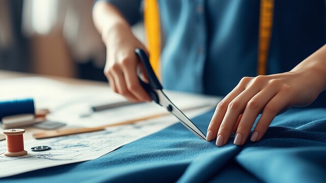 Dressmaker cutting blue fabric with scissors during a tailoring project in studio.