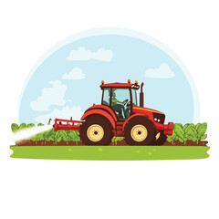 Obraz premium Agricultural Tractor Spraying Pesticides and Fertilizer on Soybean Field