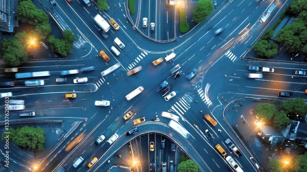 Poster movement streams converge. complex transportation network flows through multilane intersection durin