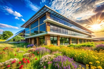 Eco-Friendly Sustainable Building with Solar Panels & Green Roof, Native Landscaping