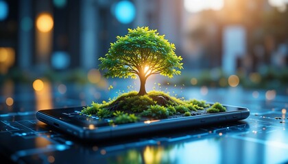 Smartphone Technology Nature Green Tree Growing on Mobile Device Eco Friendly Concept