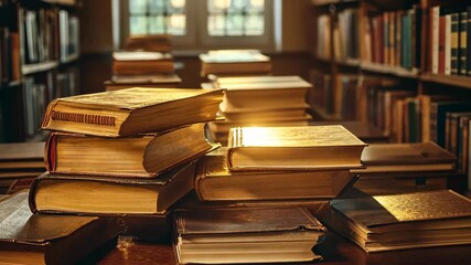 Stacks of vintage books illuminated by sunlight in a quiet library setting