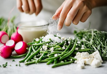 Close-up of a person seasoning a fresh green bean salad with feta cheese and sea salt, surrounded by vibrant radishes, microgreens, and a creamy dressing in a glass bowl