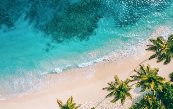 Breathtaking aerial view of a tropical paradise beach with crystal-clear turquoise waters, soft white sand, and lush green palm trees casting gentle shadows