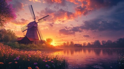 Scenic dutch countryside landscape featuring rustic windmill and vibrant sunset hues