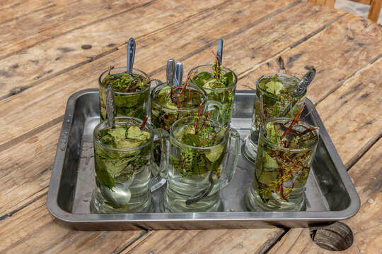 Mate inca hot herbal drink made of coca, muna and chachacoma herbs. Mountains of Peru.