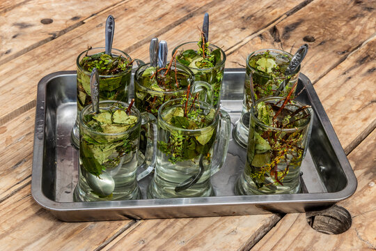 Mate inca hot herbal drink made of coca, muna and chachacoma herbs. Mountains of Peru.